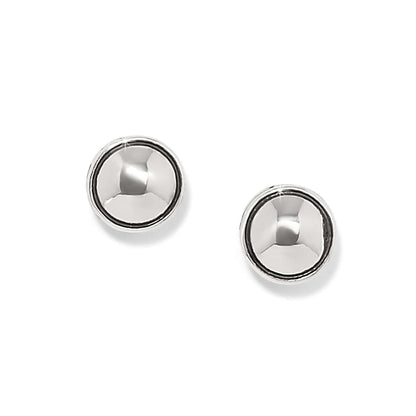 Brighton stud earrings with polished silver-plated dome centers and rounded bezel frames on a white background