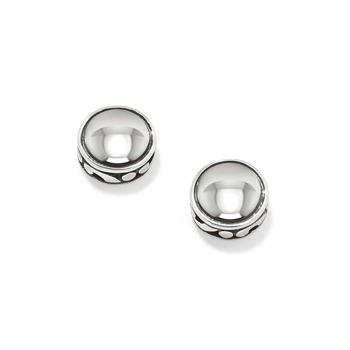 Brighton stud earrings with domed silver-tone centers and decorative patterned trim around the edges on a white background