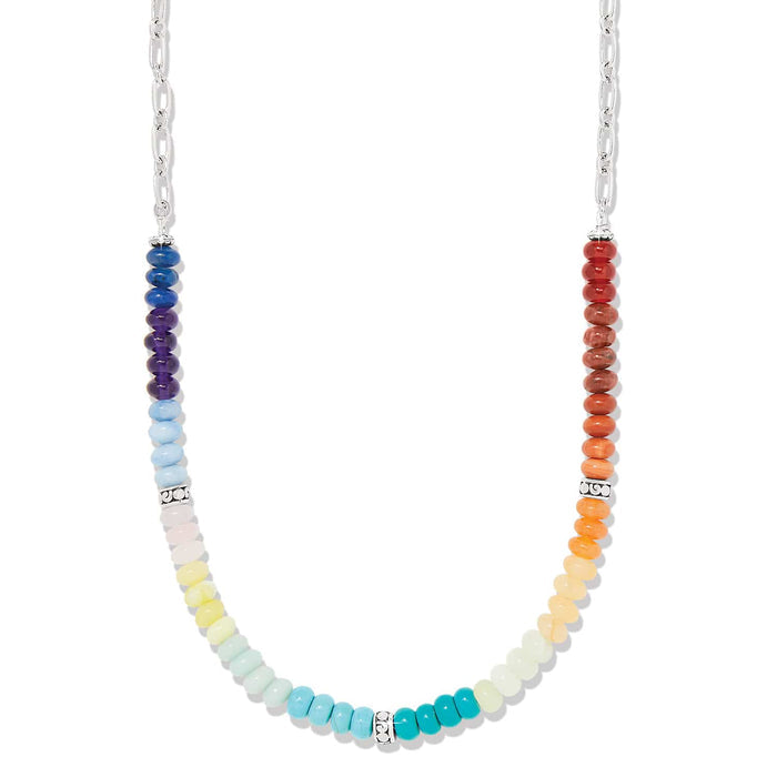 Brighton beaded necklace with rainbow gemstone beads and silver-plated chain and accents on a white background