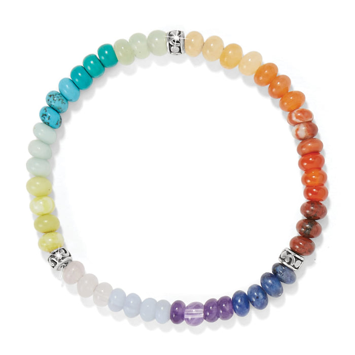 Brighton stretch bracelet with rainbow gemstone beads and silver-plated accent beads on a white background