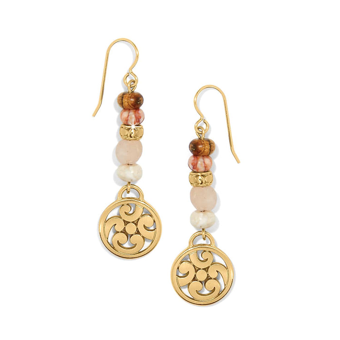 Brighton drop earrings with gold-plated openwork medallions, jasper, howlite, and rose glass beads on a white background