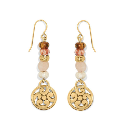 Brighton drop earrings with picture jasper, rose glass, and howlite beads with gold-plated medallion on a white background