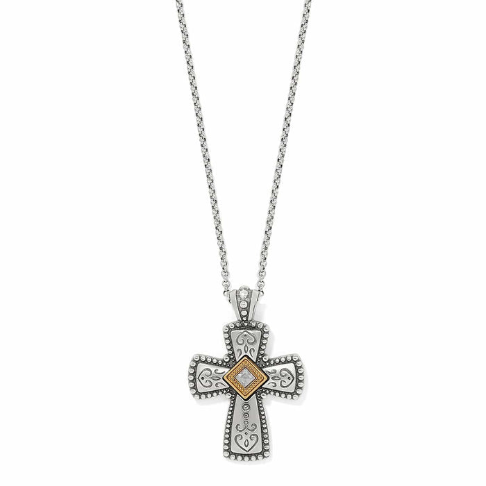 Brighton cross pendant necklace with two-tone finish, scroll detailing, and center crystal accent on a white background