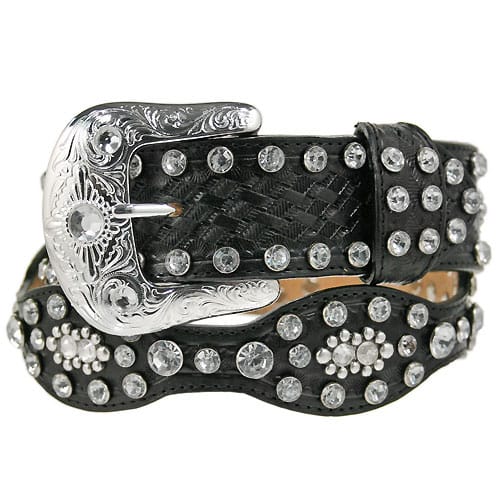 Brighton black leather belt with crystal embellishments, woven center detail, and ornate silver-tone buckle on a white background