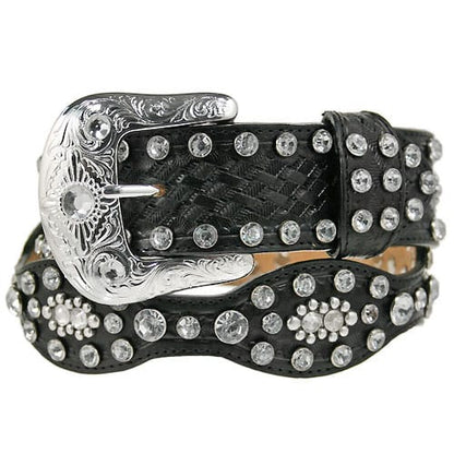 Brighton black leather belt with crystal embellishments, woven center detail, and ornate silver-tone buckle on a white background