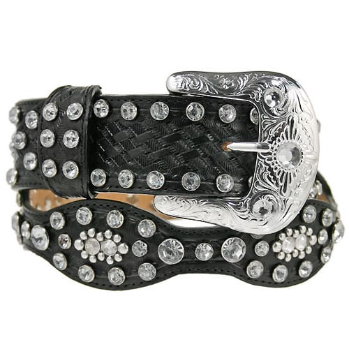 Brighton black leather belt with crystal embellishments, basketweave detail, and engraved silver-tone buckle on a white background