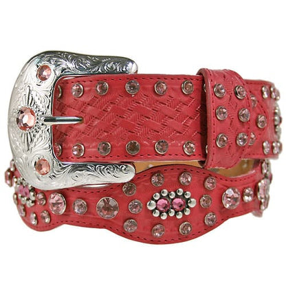 Brighton red leather belt with crystal embellishments and ornate silver-tone buckle on a white background