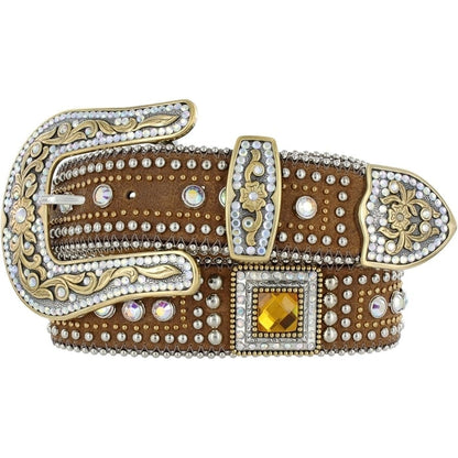 Brighton leather belt with crystal-studded brown strap, ornate gold-tone buckle, and amber crystal accent on a white background
