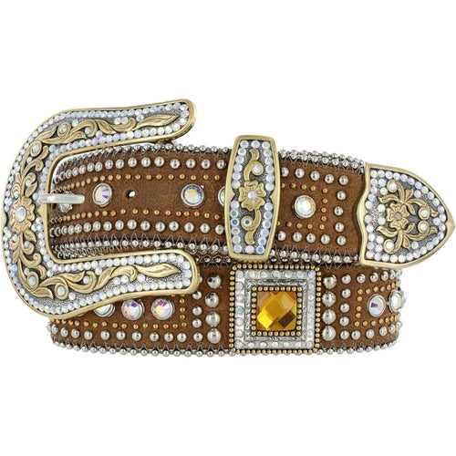 Brighton leather belt with crystal-studded brown strap, ornate gold-tone buckle, and amber crystal accent on a white background