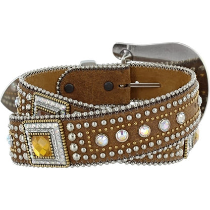 Brighton brown leather belt with crystals, studs, and square conchos featuring yellow gemstone centers on a white background