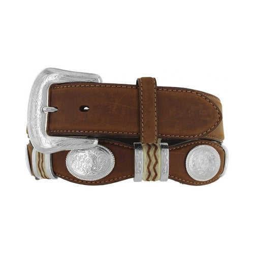 Brighton brown leather belt with engraved silver-tone buckle, oval conchos, and woven accent on a white background