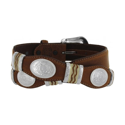 Brighton brown leather belt with oval silver-tone conchos and ivory woven keepers on a white background