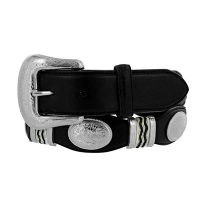 Brighton black leather belt with engraved silver-tone buckle and oval concho accents on a white background