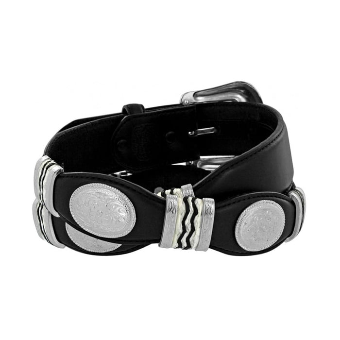 Brighton black leather belt with silver-tone oval conchos, ridged keepers, and polished buckle on a white background