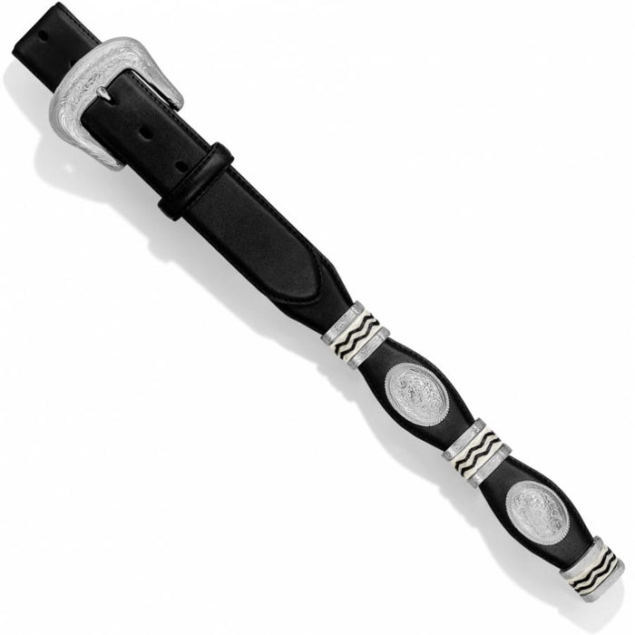 Brighton black leather belt with silver-tone engraved buckle and oval concho accents on a white background