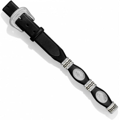 Brighton black leather belt with silver-tone engraved buckle and oval concho accents on a white background