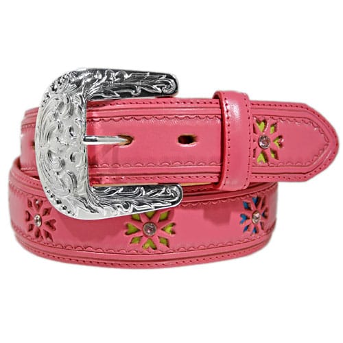 Brighton pink leather belt with ornate silver-tone buckle and colorful floral cutout accents on a white background