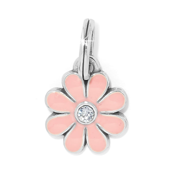 Brighton flower charm with pink enamel petals, crystal center, and silver-plated finish on a white background