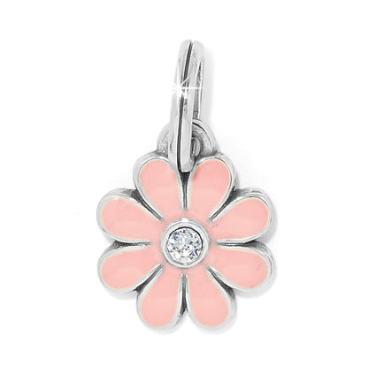 Brighton flower charm with pink enamel petals, crystal center, and silver-plated finish on a white background