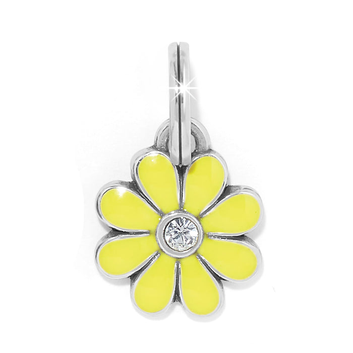 Brighton flower charm with yellow enamel petals, crystal center, and silver-plated finish on a white background