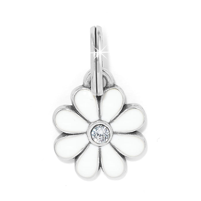 Brighton flower charm with white enamel petals, crystal center, and silver-plated finish on a white background