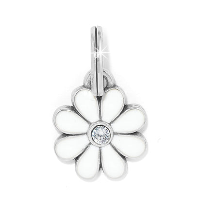 Brighton flower charm with white enamel petals, crystal center, and silver-plated finish on a white background