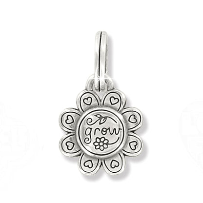 Brighton flower charm with silver-plated petals, heart accents, and engraved grow inscription on a white background