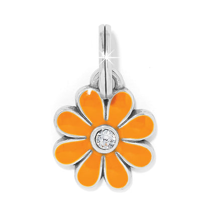 Brighton flower charm with orange enamel petals, crystal center, and silver-plated finish on a white background