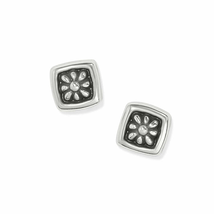 Brighton stud earrings with silver-plated square frames and floral medallion centers on a white background