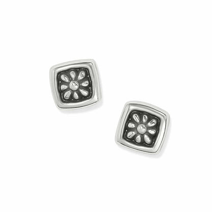 Brighton stud earrings with silver-plated square frames and floral medallion centers on a white background