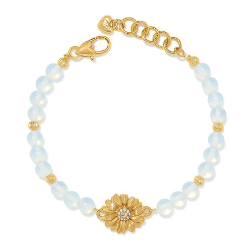 Brighton beaded bracelet with opalescent beads, gold-plated flower centerpiece with crystals, and lobster clasp on a white background