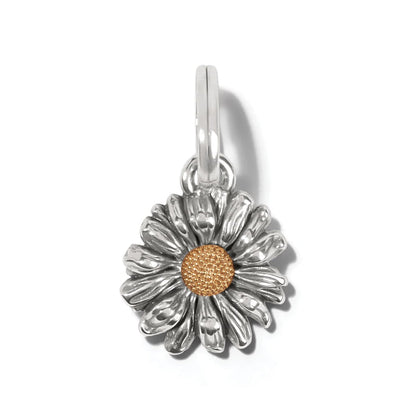 Brighton daisy flower charm with silver-tone petals and gold-tone textured center on a white background