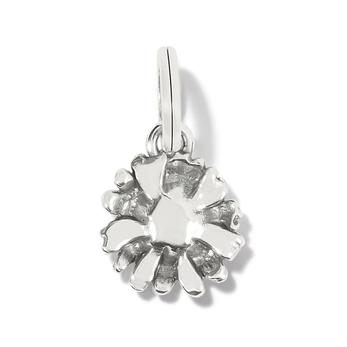 Brighton flower charm with silver-tone petals and polished center, suspended from a hinged bail on a white background