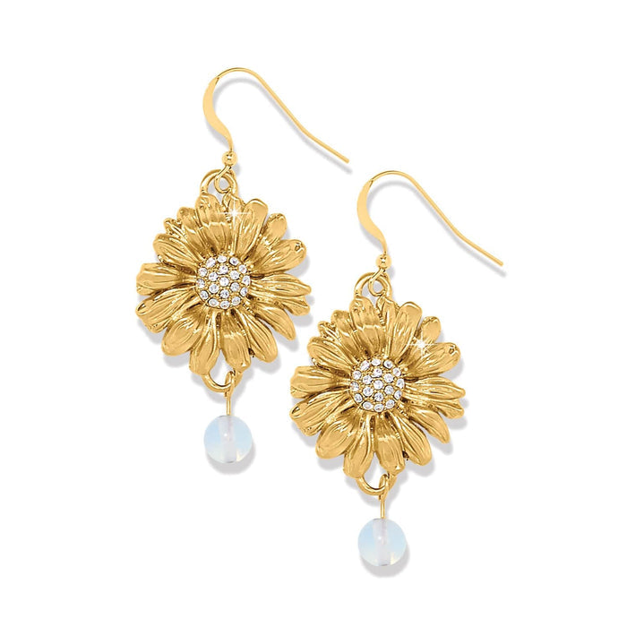 Brighton drop earrings with gold-plated daisy flowers, crystal centers, and opalescent bead dangles on a white background