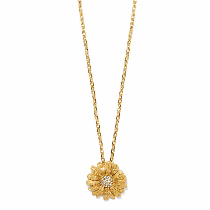 Brighton pendant necklace with gold-plated daisy flower and crystal center on a delicate chain on a white background