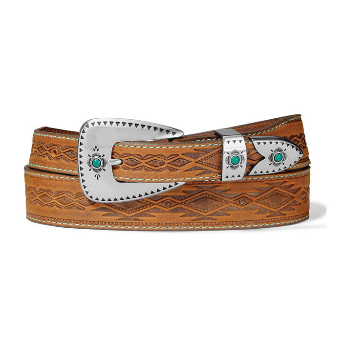 Brighton tooled leather belt with Aztec pattern, silver-tone buckle, and turquoise stone accents on a white background