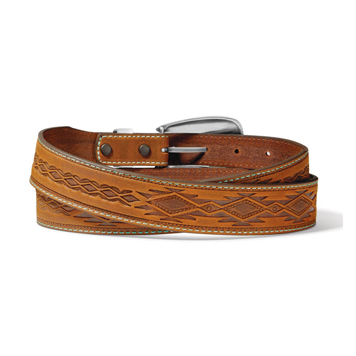 Brighton tan leather belt with embossed Aztec pattern, turquoise stitching, and silver-tone buckle on a white background