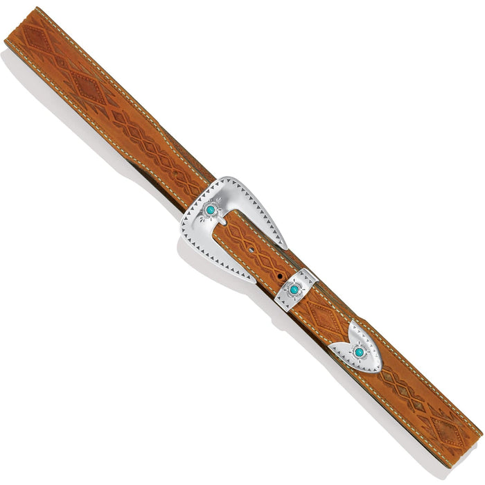 Brighton tan leather belt with embossed Aztec pattern, silver-tone buckle, and turquoise stone accents on a white background
