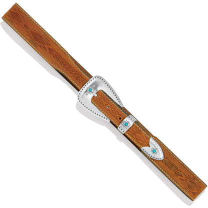 Brighton tan leather belt with embossed Aztec pattern, silver-tone buckle, and turquoise stone accents on a white background