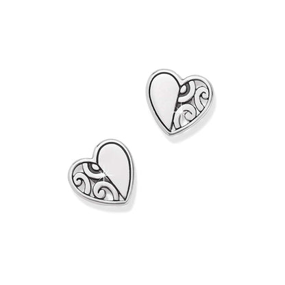 Brighton heart stud earrings with silver-plated finish and swirl filigree detail on one half, on a white background