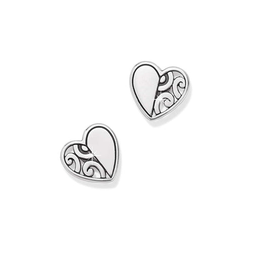 Brighton heart stud earrings with silver-plated finish and swirl filigree detail on one half, on a white background
