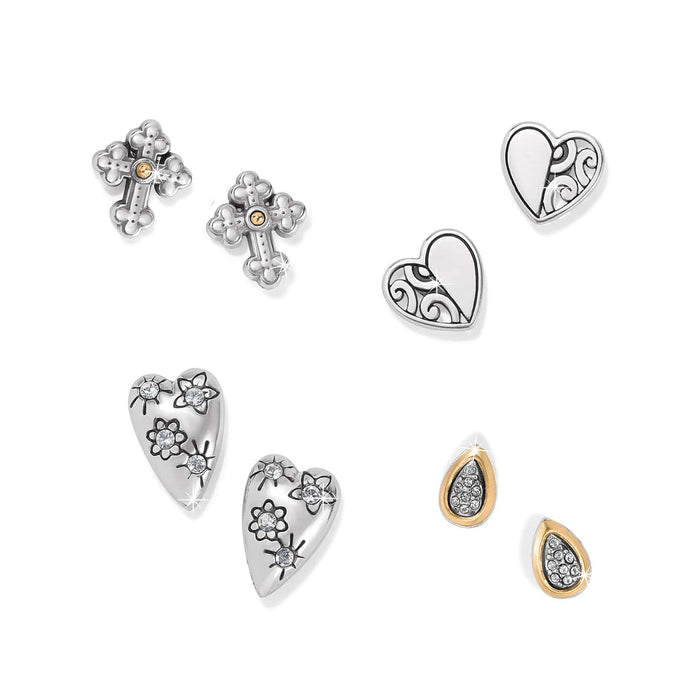 Brighton stud earrings set with silver-plated cross, heart, and teardrop designs featuring crystal accents on a white background