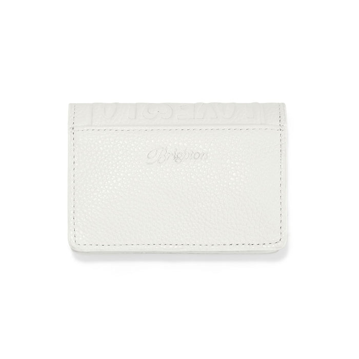 Brighton card case in white pebbled leather with embossed logo and debossed lettering on flap on a white background