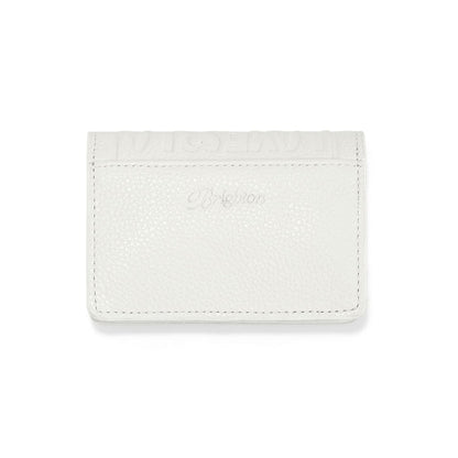 Brighton card case in white pebbled leather with embossed logo and debossed lettering on flap on a white background