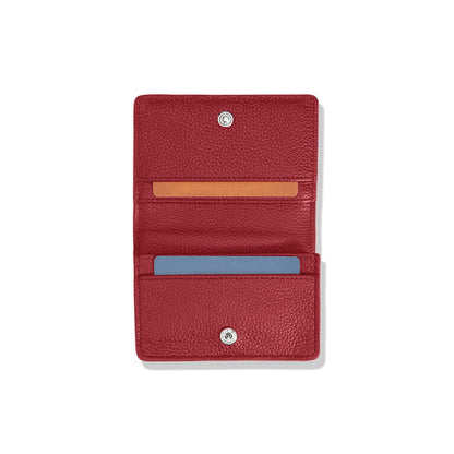 Brighton red leather bifold card wallet shown open with interior card slots and silver-tone snap closure on a white background