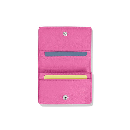 Brighton pink leather card wallet shown open with interior card slots and silver-tone snap closure on a white background