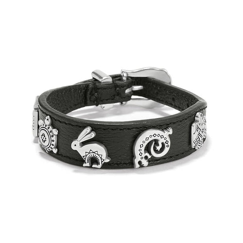 Brighton black leather bracelet with silver-plated animal charms and buckle closure on a white background
