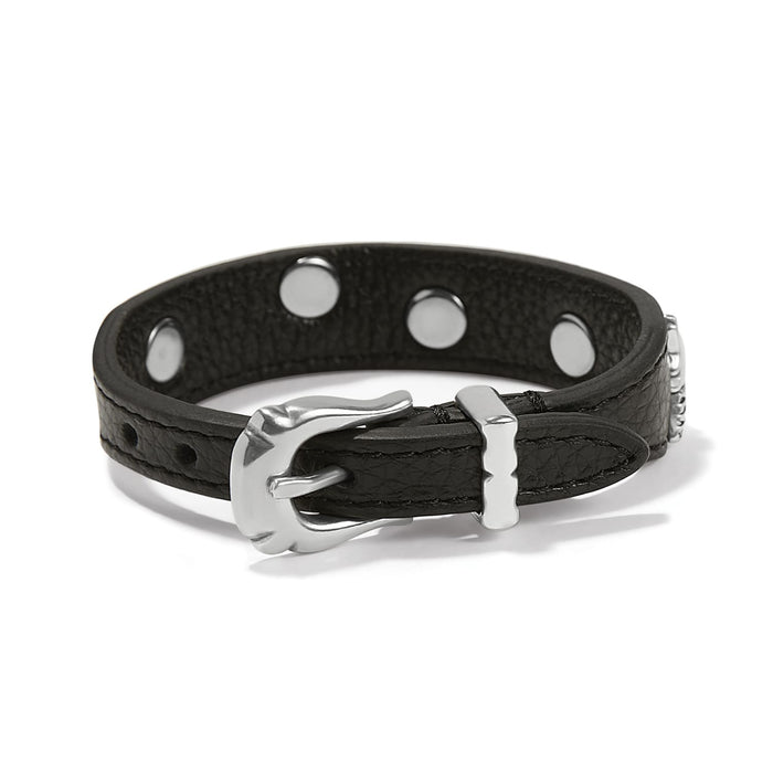 Brighton black leather bracelet with silver-plated buckle closure and decorative studs on a white background