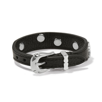 Brighton black leather bracelet with silver-plated buckle closure and decorative studs on a white background