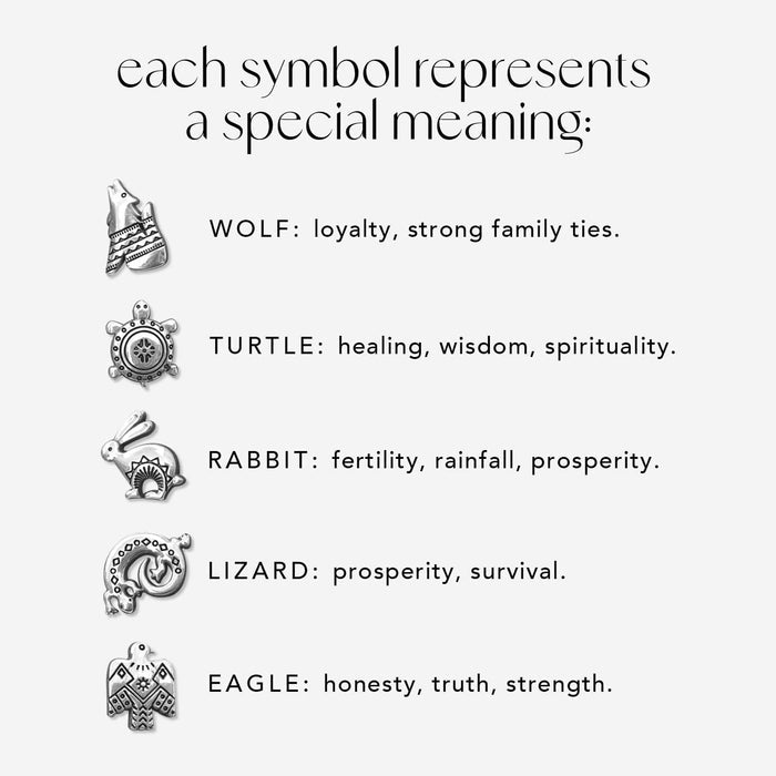 Brighton silver-plated charms styled with symbol meaning chart featuring wolf, turtle, rabbit, lizard, and eagle designs